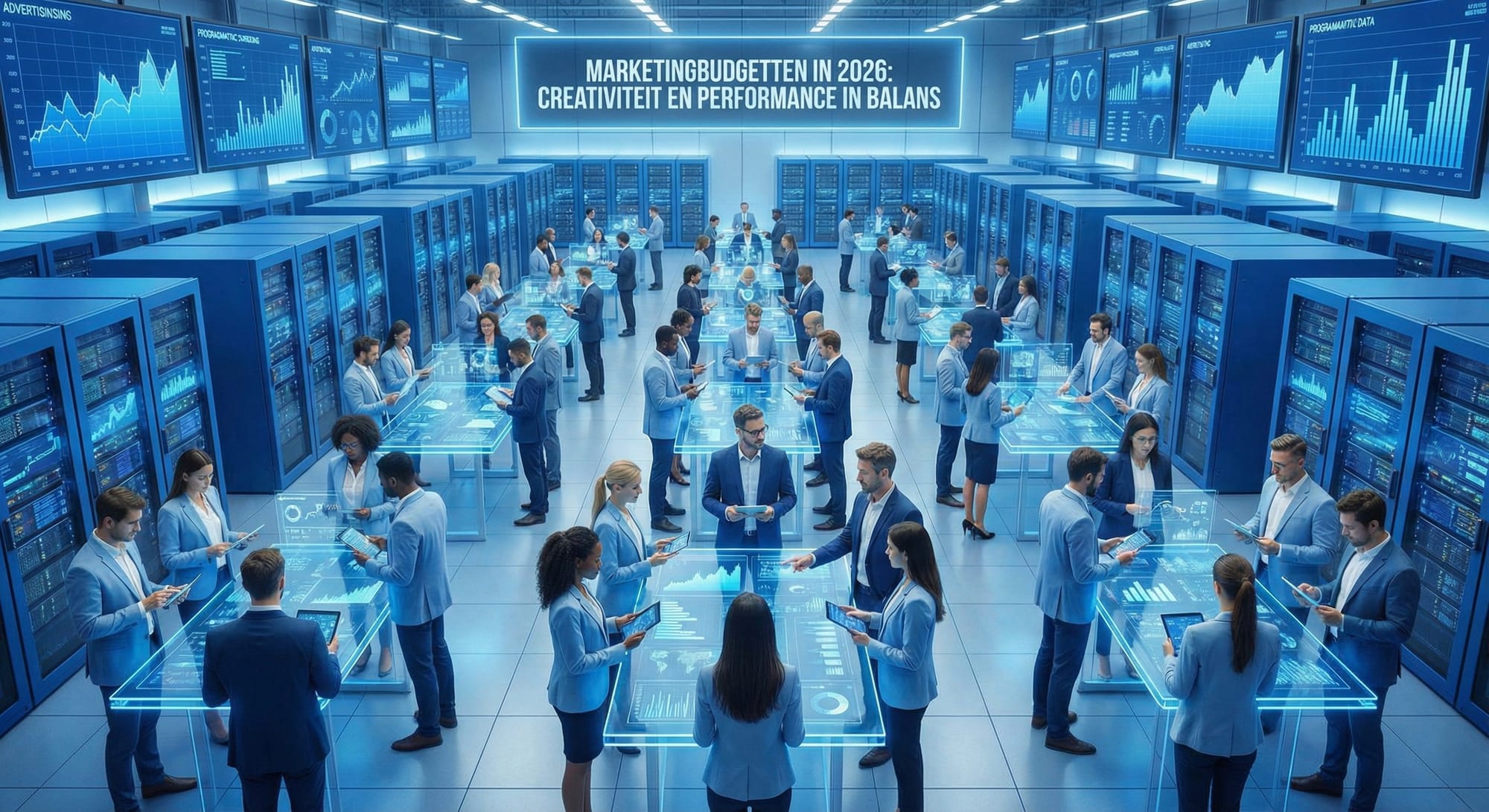Futuristische controleroom met tientallen professionals in blauw bij glazen tafels, omringd door dataschermen en servers