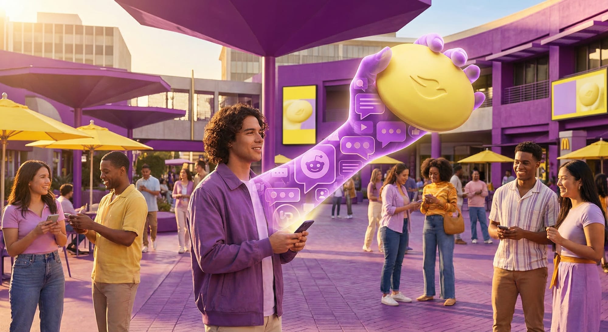 Jongeren met smartphones op paars plein met grote gele emoji en sociale media-iconen in purple en geel