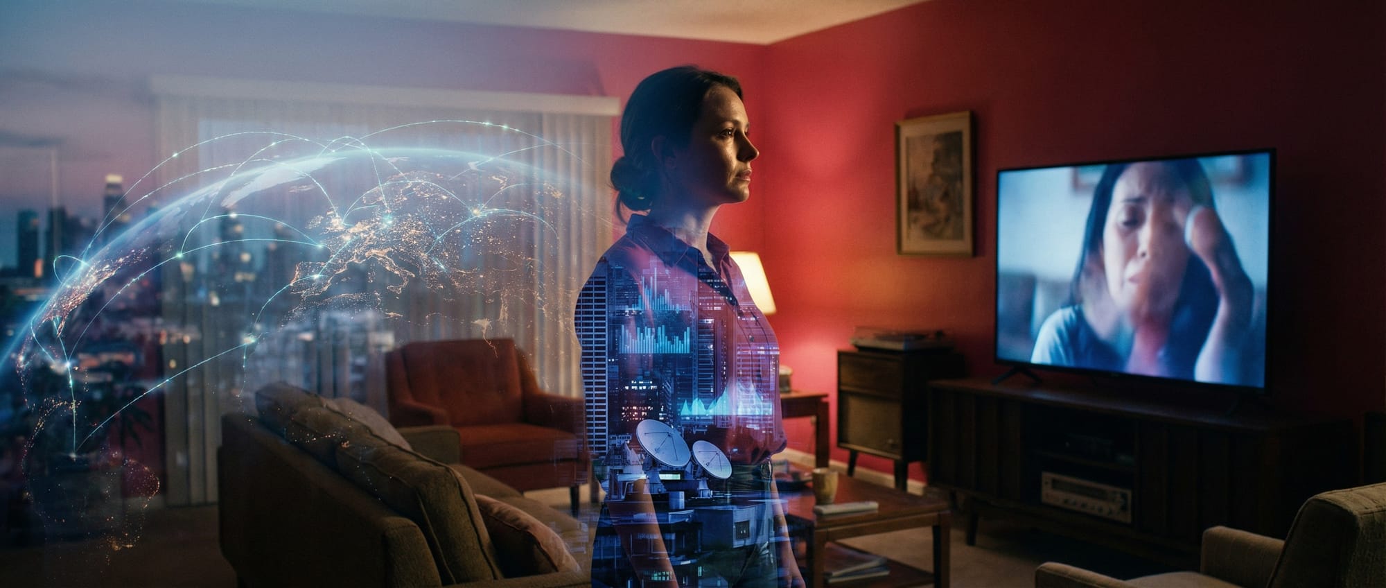 Vrouw in woonkamer met digitale overlay van wereldbol, stadsgebouwen en datavisualisaties, tv op achtergrond