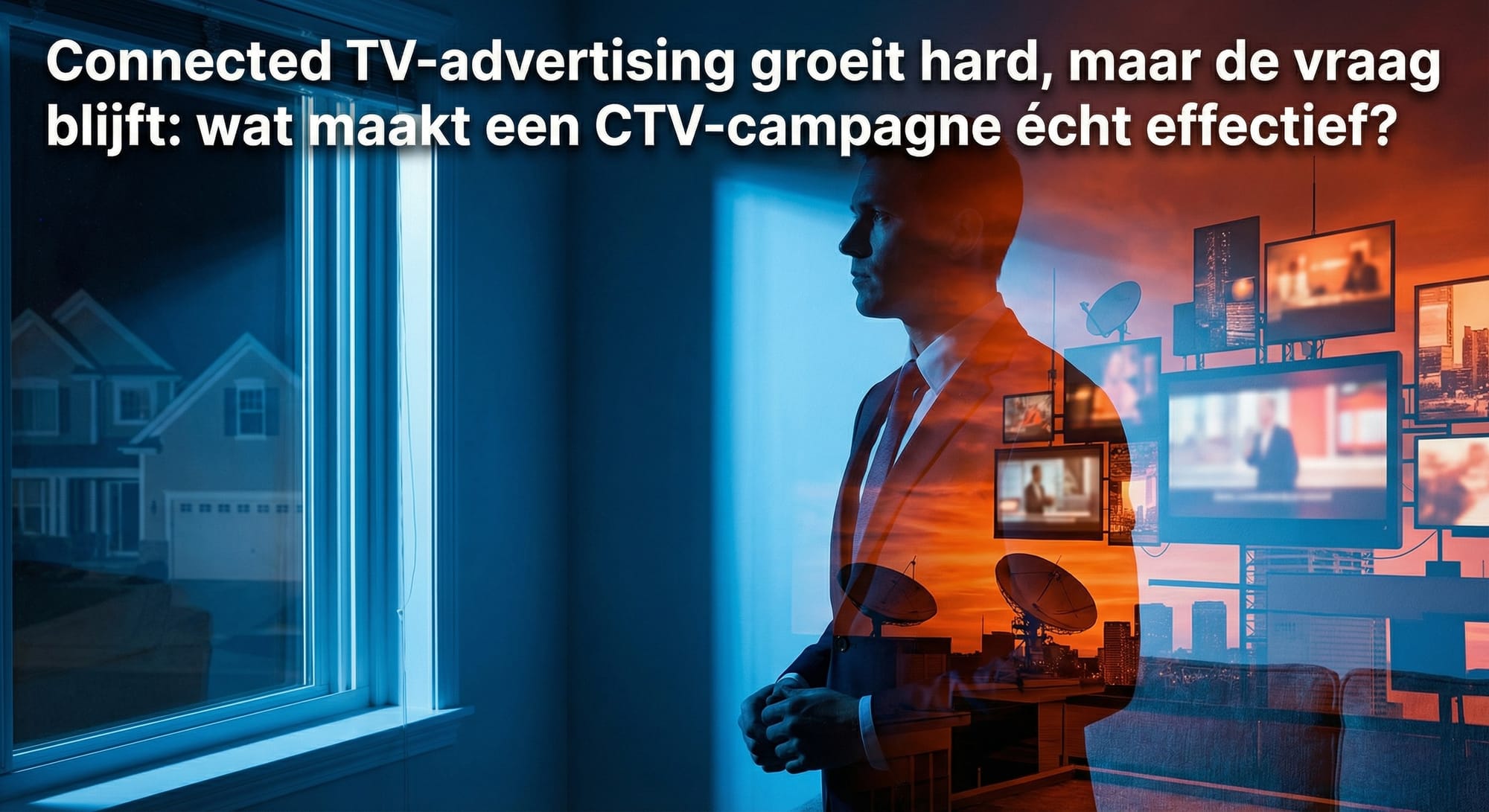 Silhouet van zakenman in pak voor raam met dubbelbelichting van tv-schermen, satellieten en skyline in blauw-oranje tinten