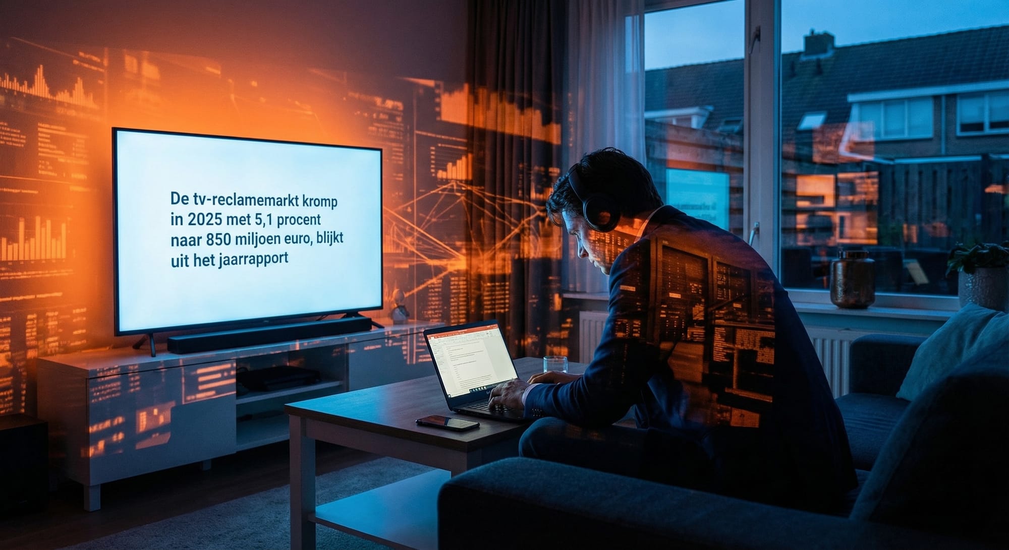 Persoon met laptop in dimme kamer met tv-scherm met statistiek over tv-reclamemarkt, oranje data-visualisaties geprojecteerd