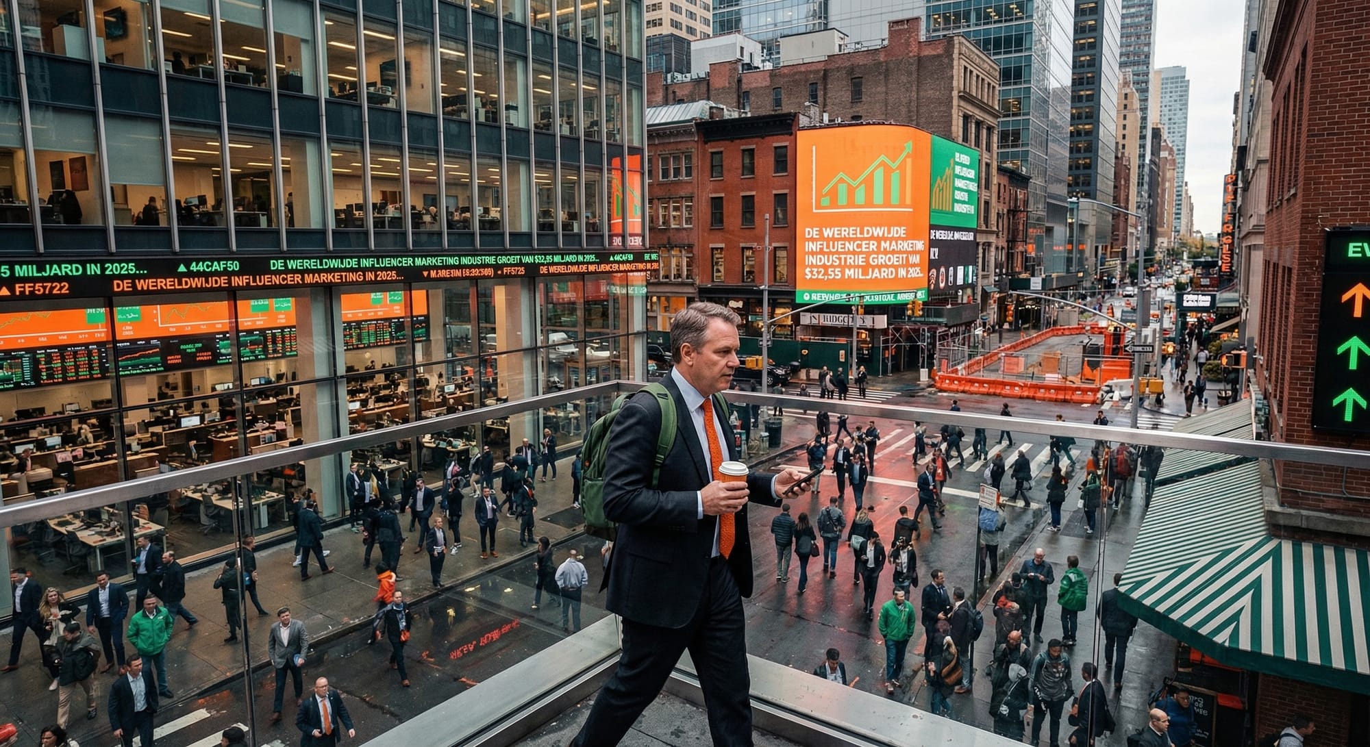 Zakenman met koffie op glazen brug boven drukke straat, oranje beursschermen tonen influencer marketing-cijfers