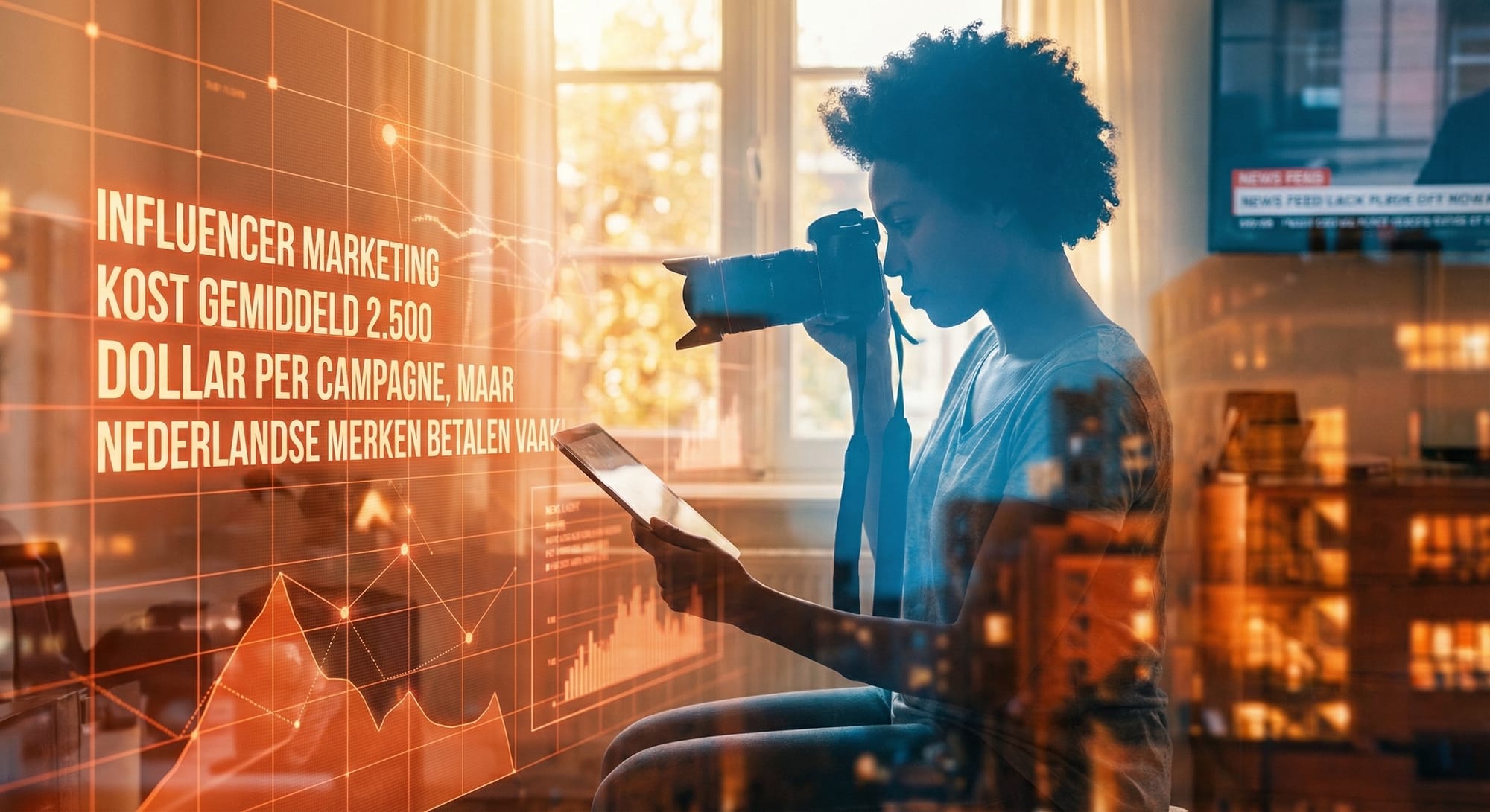 Persoon achter laptop met dubbele belichting van analytics-dashboards en smartphone met '2.500 dollar' campagnekostenweergave