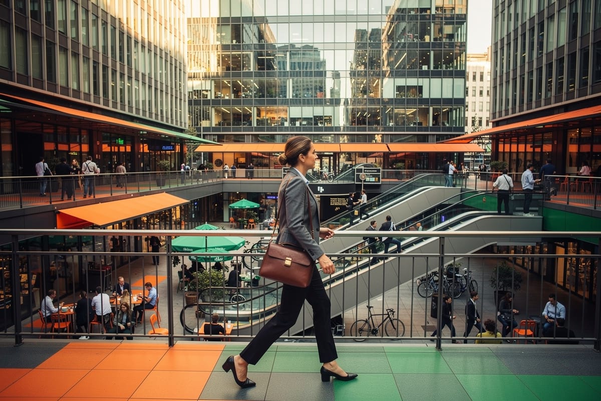 Jonge vrouw in pak loopt over kleurrijk terras in modern kantoorcomplex met winkels en horeca