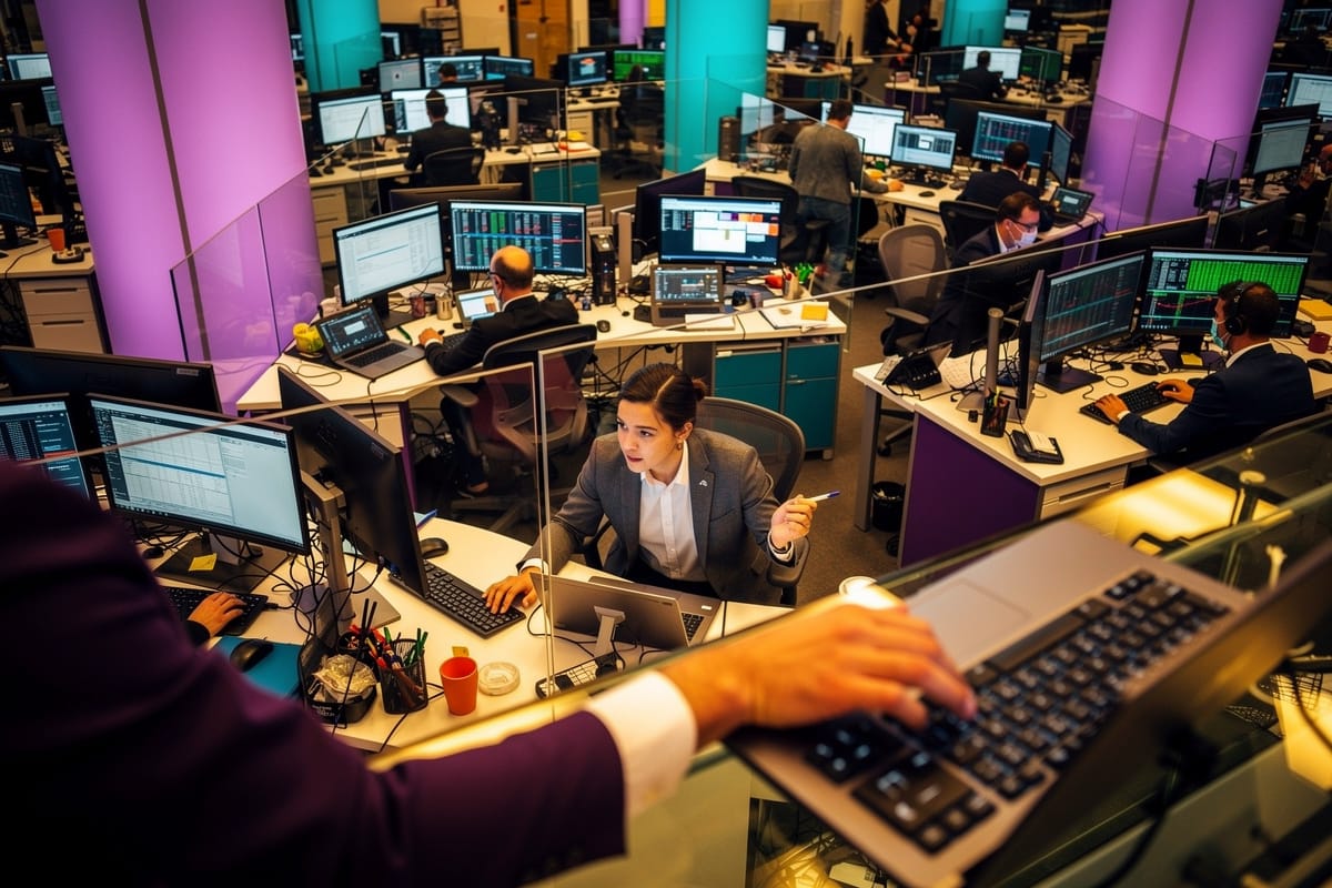 Drukke kantoortuin met werknemers achter meerdere computerschermen, paarse en turquoise verlichte pilaren, moderne werkplekken.