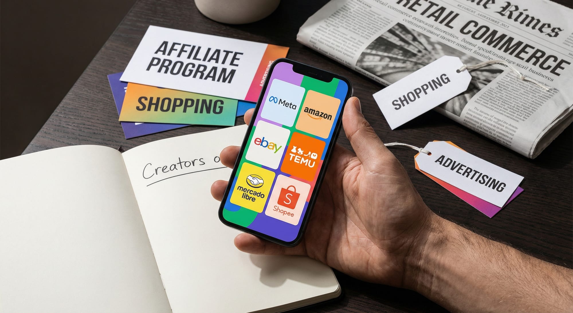 Hand houdt smartphone met e-commerce apps, omringd door kaartjes met teksten 'Affiliate Program', 'Shopping' en 'Advertising'.