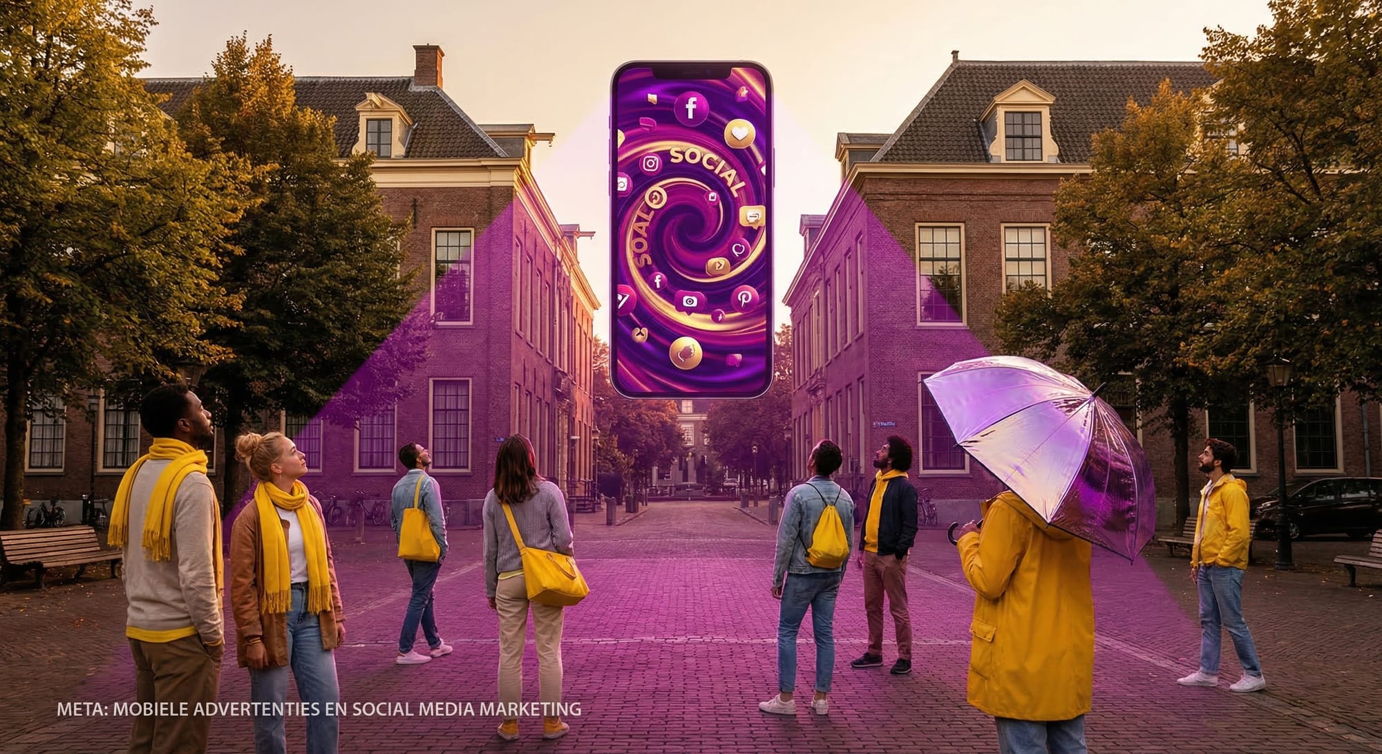 Groep mensen in gele accessoires kijkt omhoog naar gigantische smartphone met social media-iconen boven paarse straat