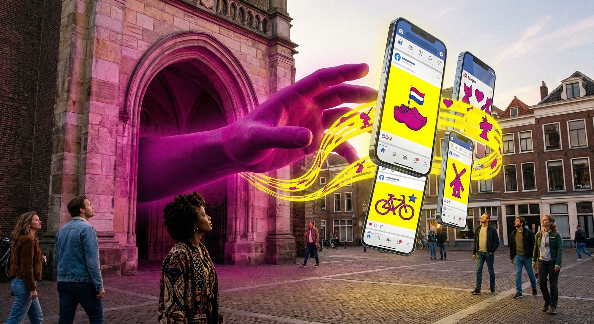 Grote magenta hand wijst vanuit gotische poort naar smartphones met gele schermen vol iconen, mensen kijken toe op plein