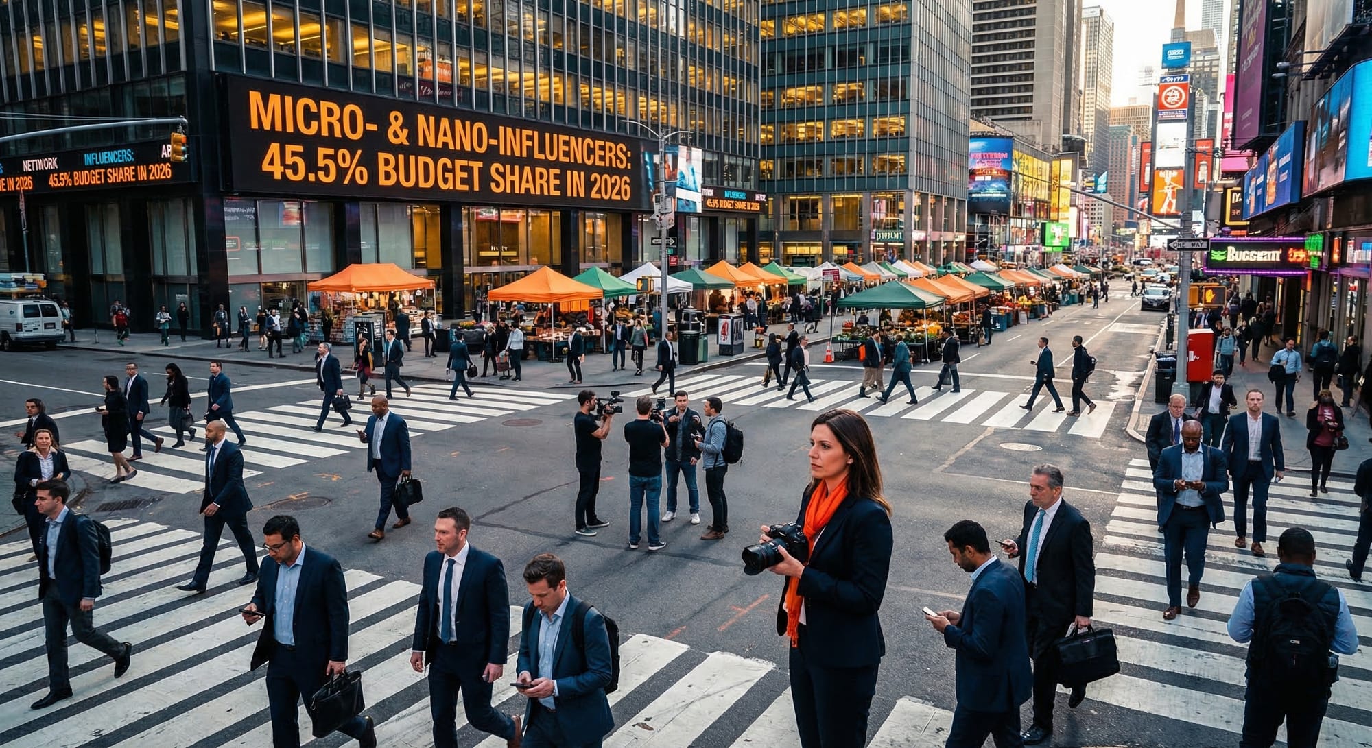 Drukke Times Square met voetgangers op zebrapad, oranje marktkramen, camera crew, groot gebouw toont oranje statistiek over influencers.