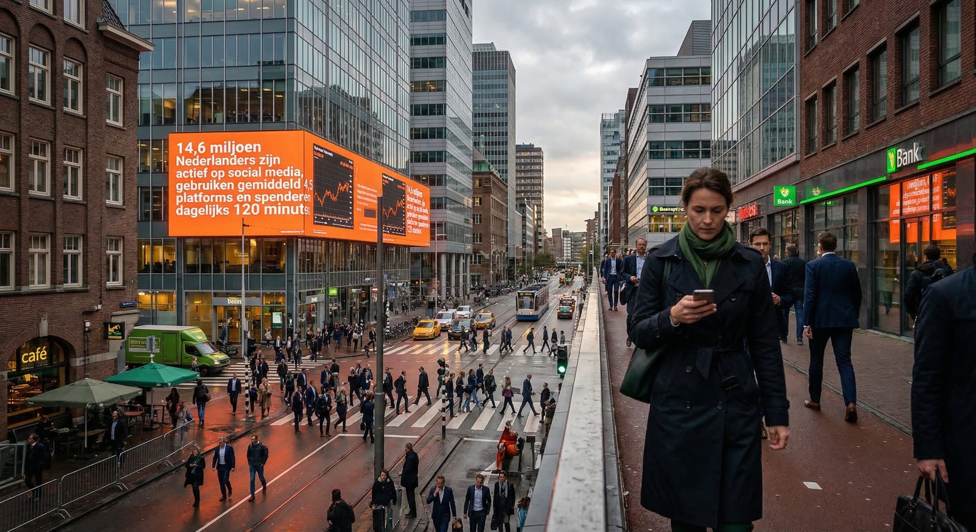 Vrouw kijkt op smartphone op drukke stadsovergang, grote oranje billboards met Nederlandse tekst op gebouwen erachter