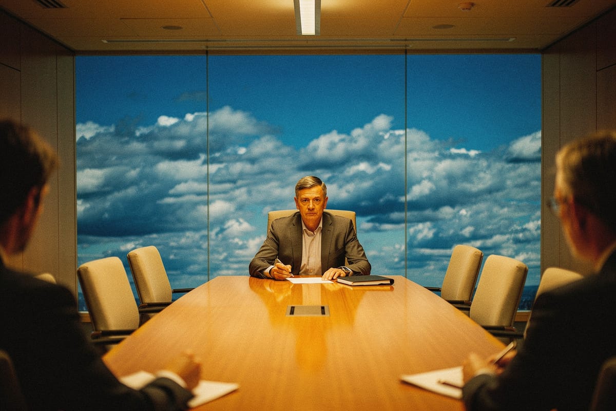 Man in pak zit alleen aan vergadertafel tegenover twee personen, met blauwe wolkenlucht achtergrond.