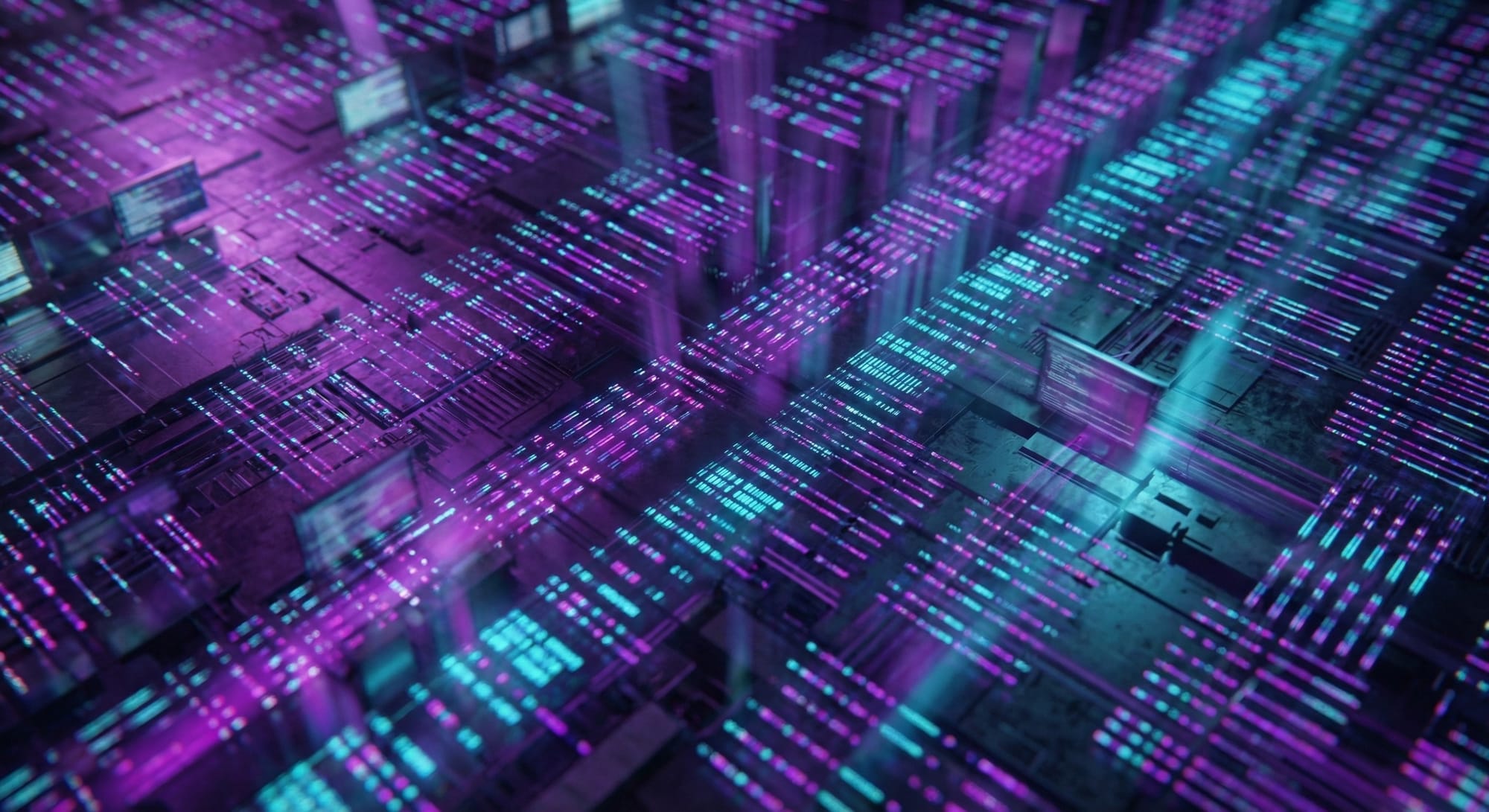 Abstract 3D-beeld van digitale architectuur met paarse en cyaan verlichte datastromen en gestapelde blokvormige structuren
