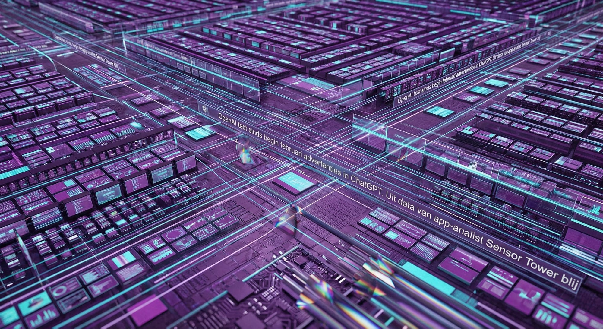 Futuristische digitale architectuur in paars en cyaan met tekst over OpenAI tests en ChatGPT advertenties.