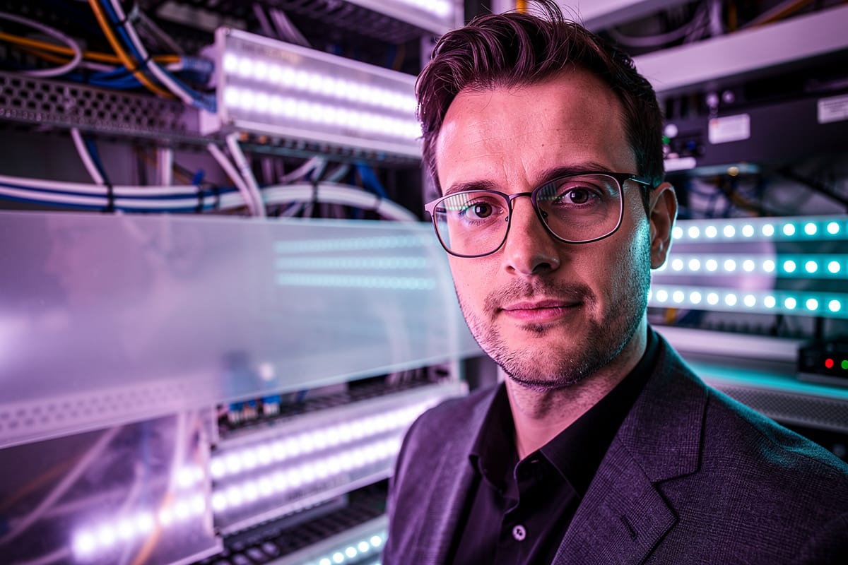 Man met bril in donker pak voor serverracks en LED-verlichting in technische ruimte