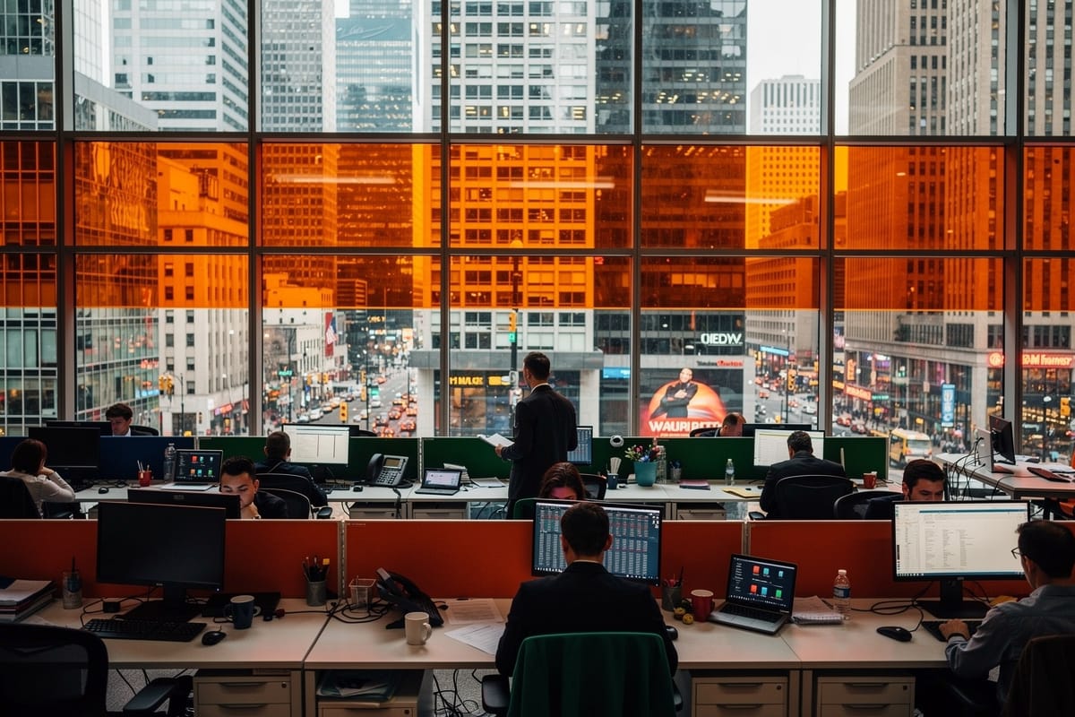 Kantoormedewerkers achter bureaus met laptops voor panoramaraam met oranje filter en stadsgezicht.