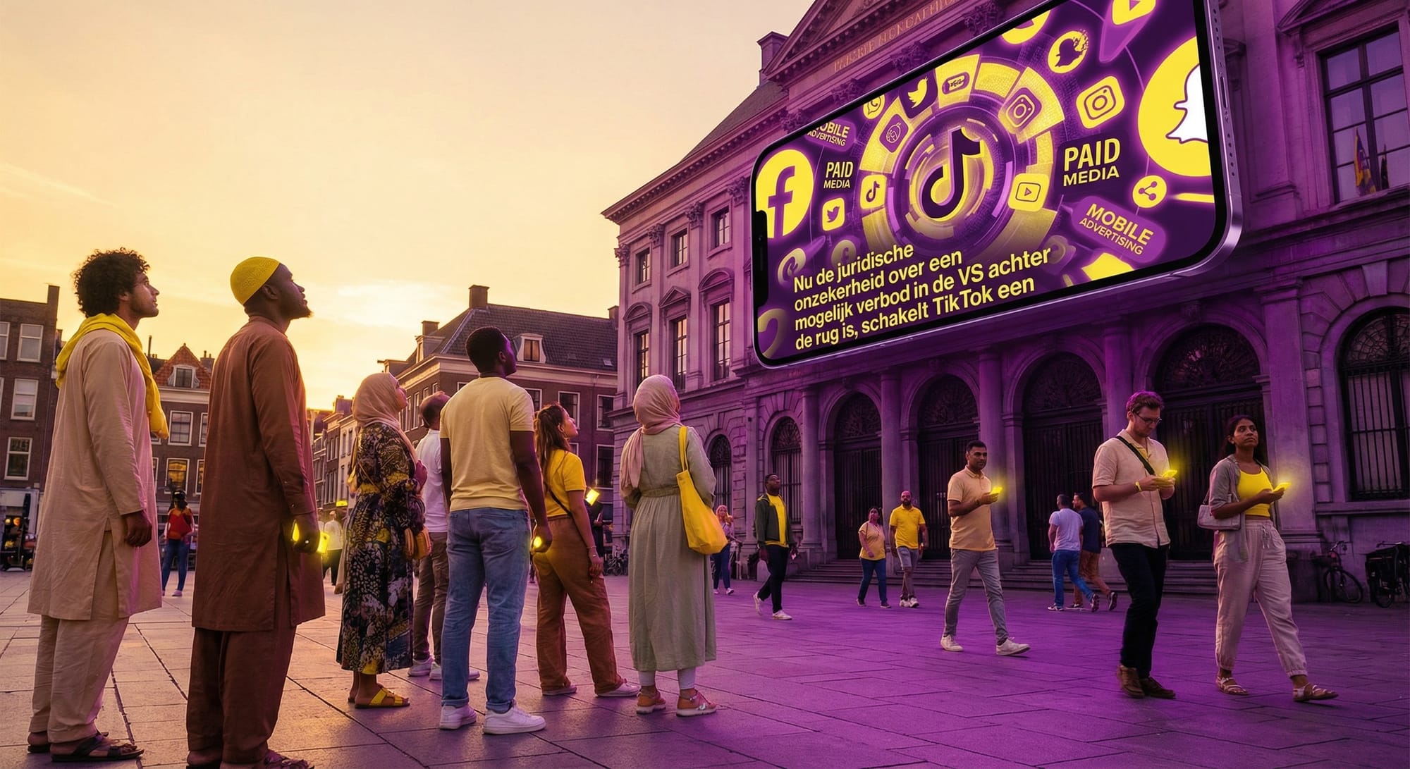 Mensen op een paars verlicht plein kijken naar grote digitale reclameposter met sociale media-iconen op gebouw.