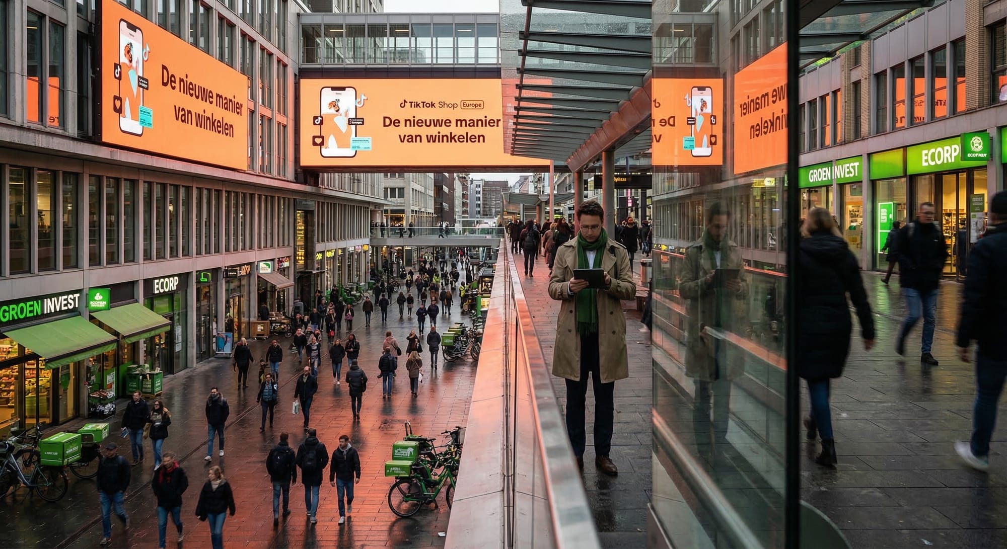 Man met tablet op winkelpromenade met oranje TikTok Shop-reclameborden. Voetgangers lopen voorbij groene supermarkt.