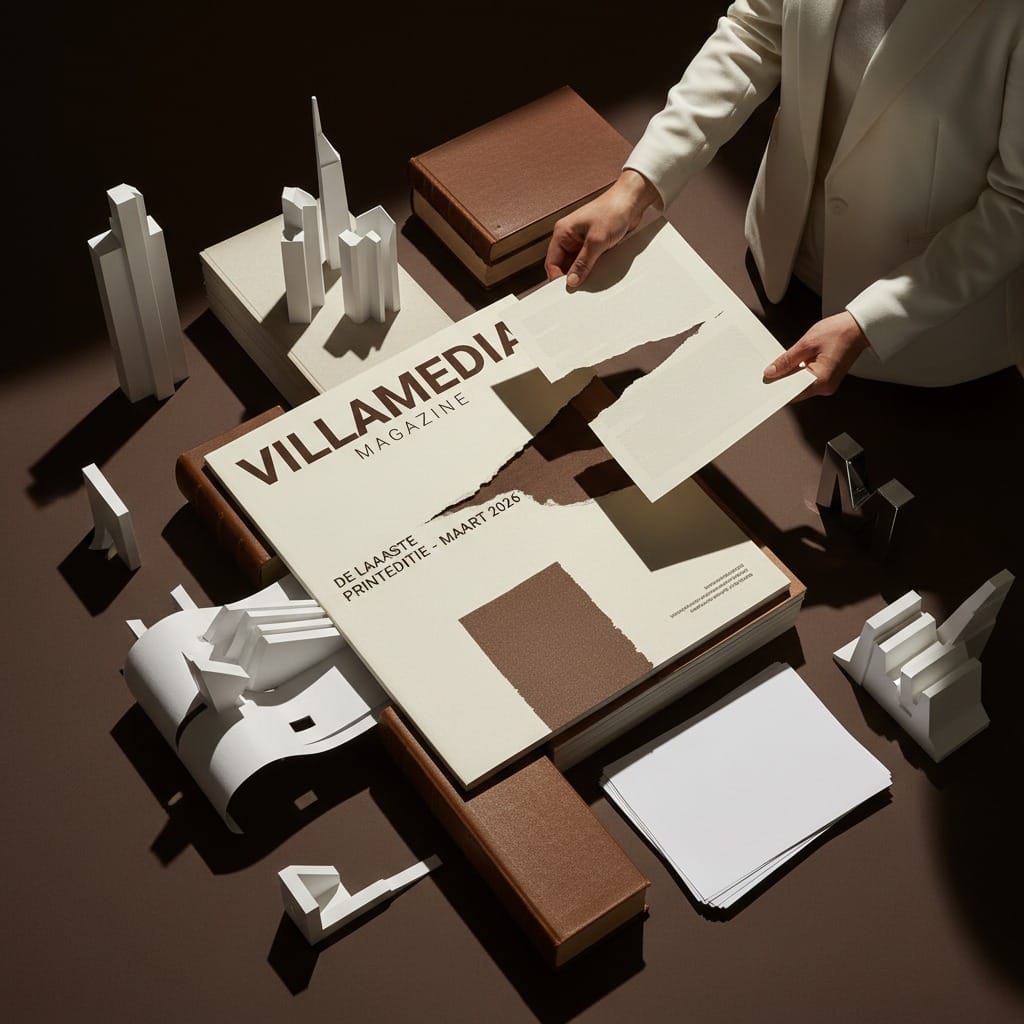 Persoon in beige pak houdt papier boven tafel met magazine 'Villamedia', bruine dozen en witte architectuurmodellen