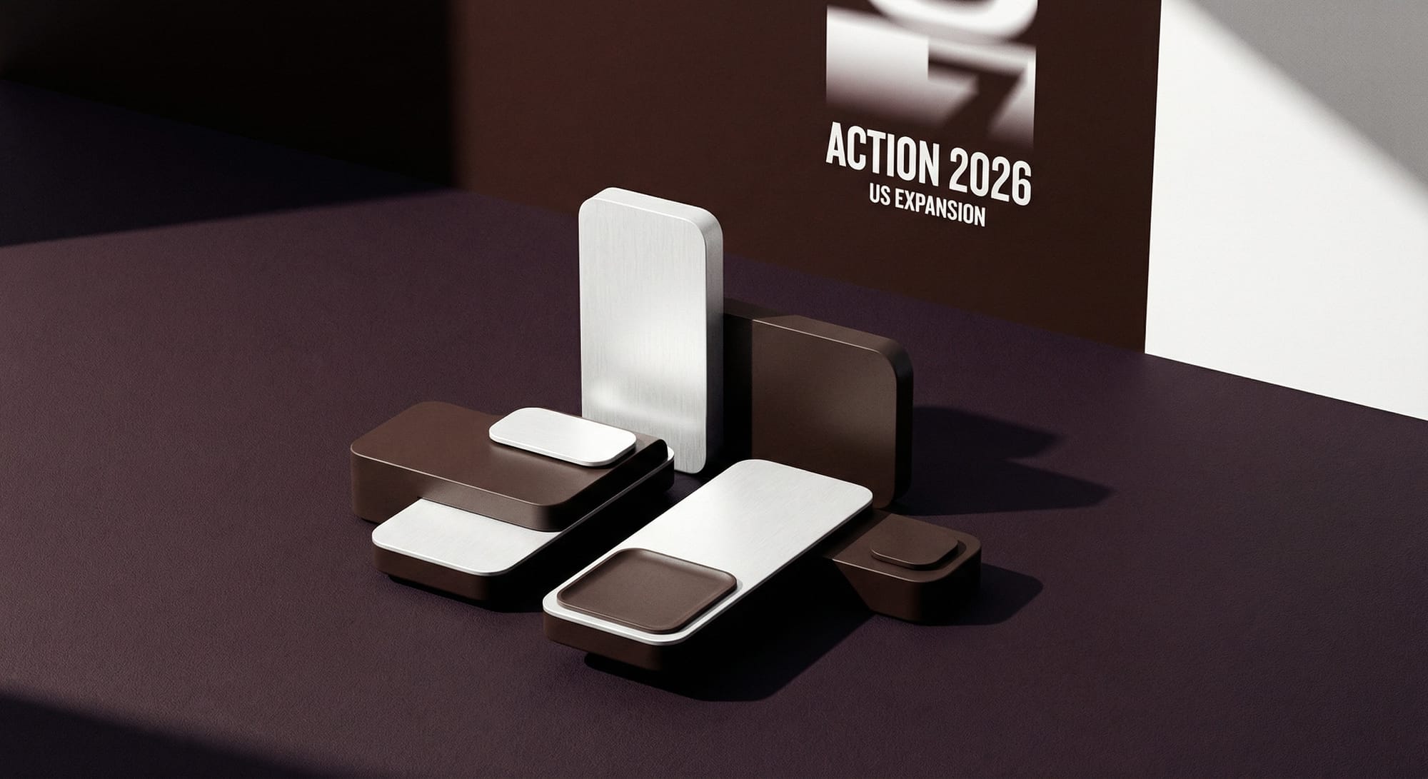 Minimalistische bruine en witte productdozen gerangschikt voor reclamebanner met tekst Action 2026 US Expansion