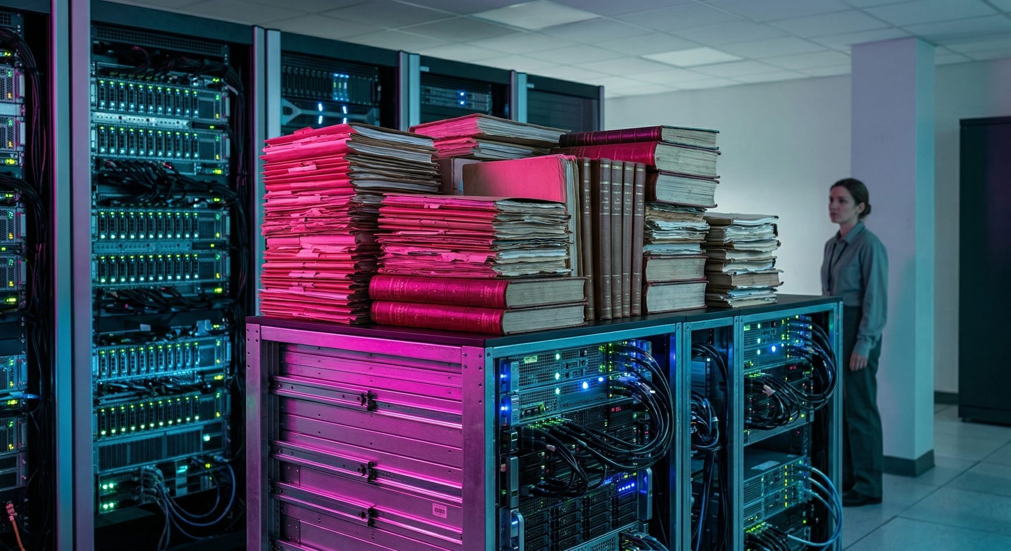 Stapels roze mappen en boeken op serverrack in datacenter, vrouw op achtergrond
