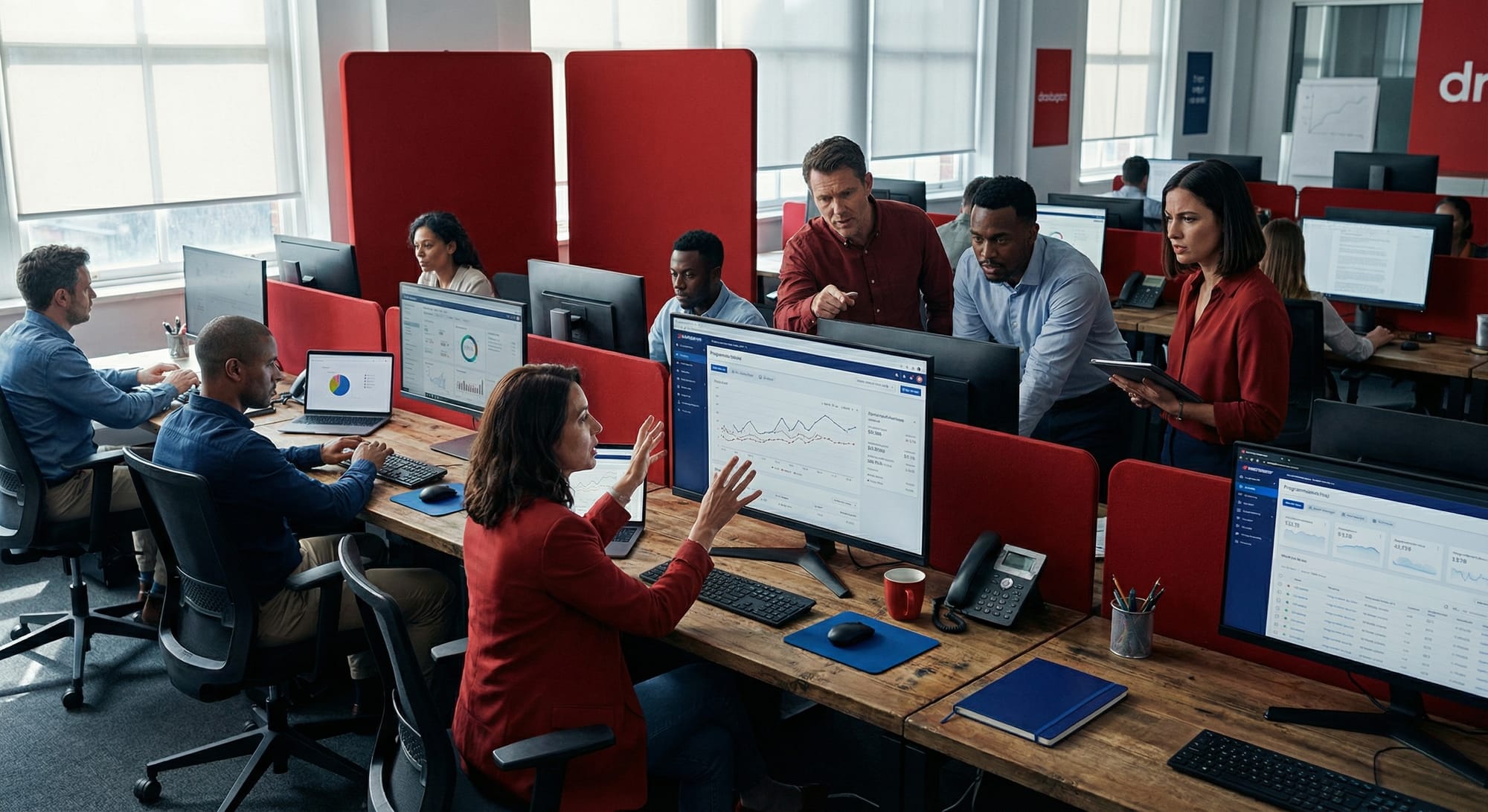 Moderne kantooromgeving met diverse professionals die samen naar computerschermen met grafieken en data kijken.