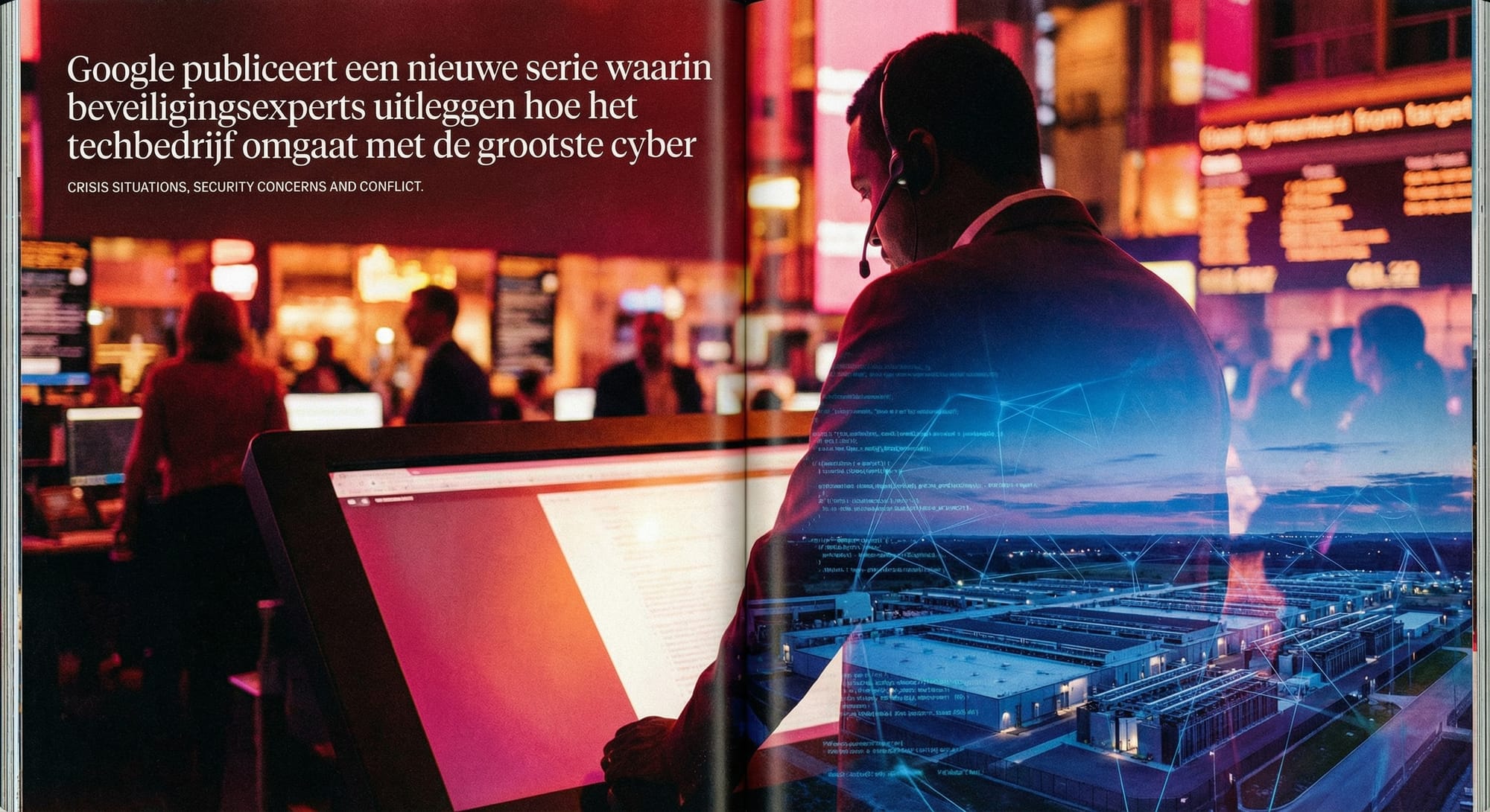 Persoon met headset in operatiecentrum, blauw digitaal netwerk over gebouwen geprojecteerd, warme oranje monitors op achtergrond
