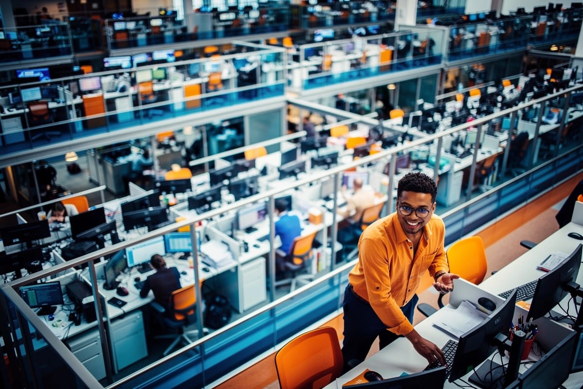 Man in oranje shirt werkt aan computer in modern kantoor met meerdere verdiepingen vol werkplekken