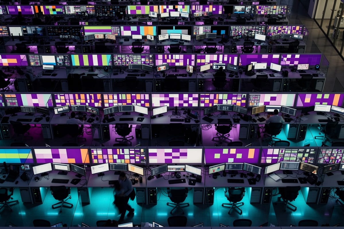 Overzicht van controleruimte met rijen werkstations, meerdere monitoren met gekleurde vlakken, paarse en blauwe verlichting, enkele operators.