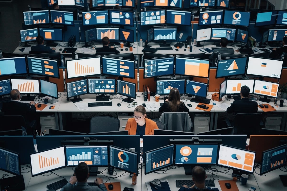 Medewerkers achter meerdere schermen met grafieken en data-visualisaties in oranje en blauw in operatiecentrum