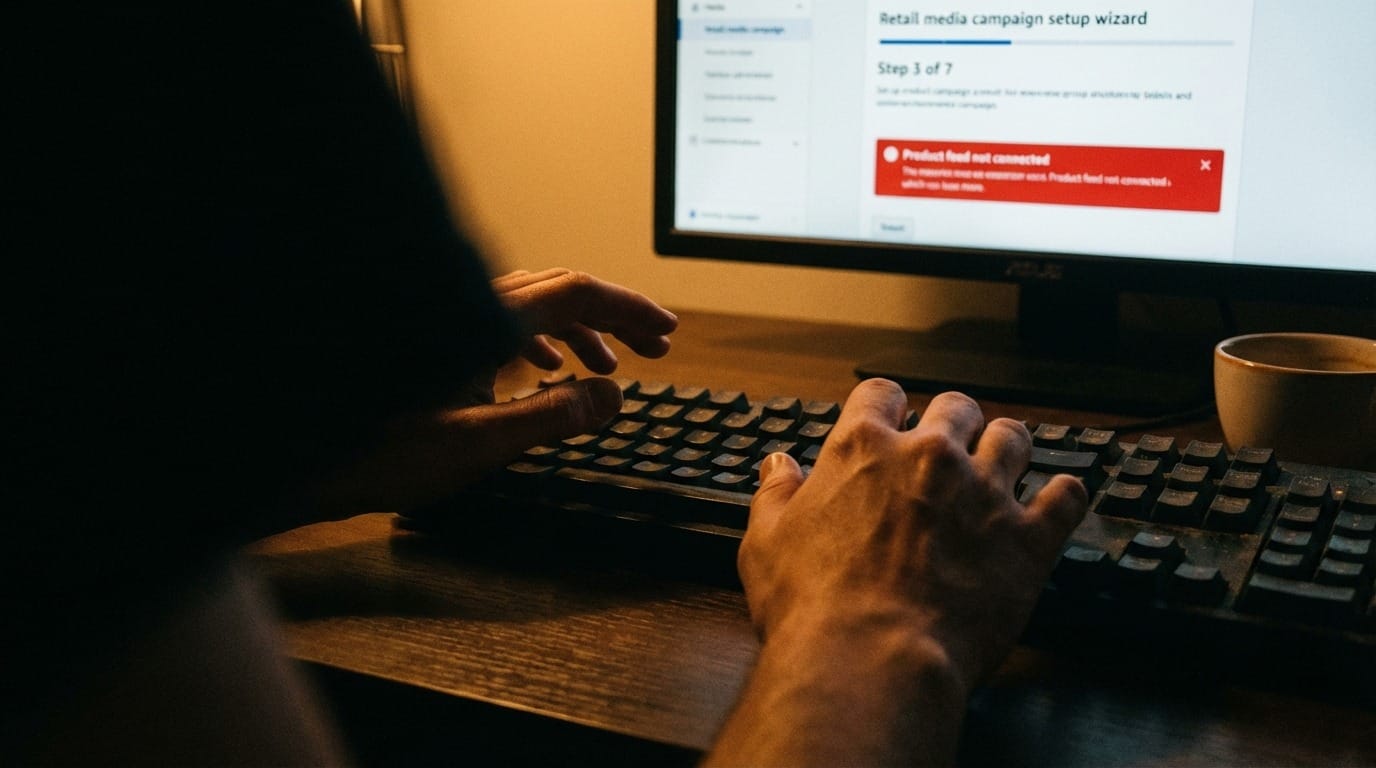 Handen boven toetsenbord, retailplatform-foutmelding op scherm