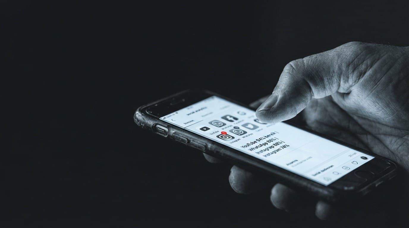 Hand met smartphone boven analytics dashboard — thumb frozen boven platform-keuze