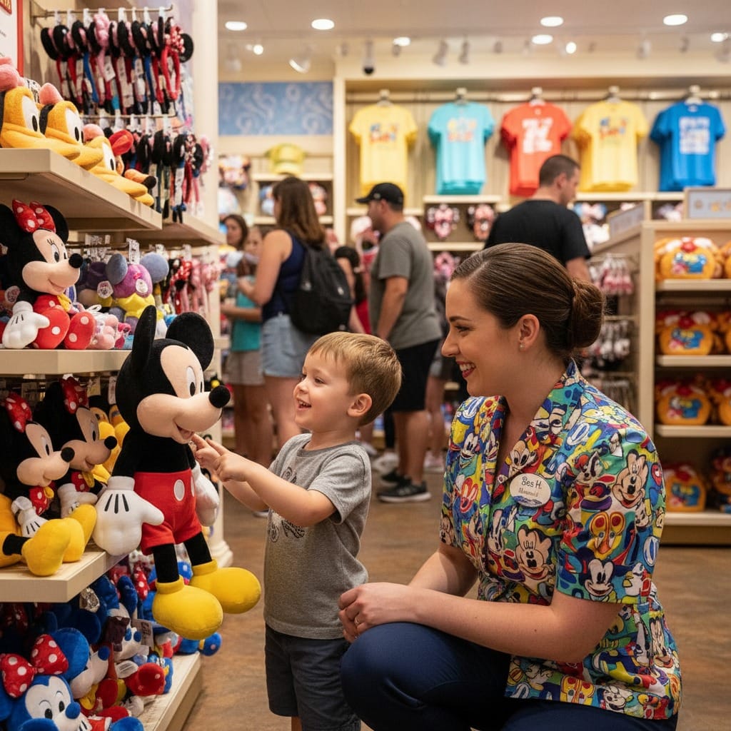 Jongen wijst lachend naar Mickey Mouse knuffel, begeleid door medewerker in Disney-winkel vol kleurrijk speelgoed