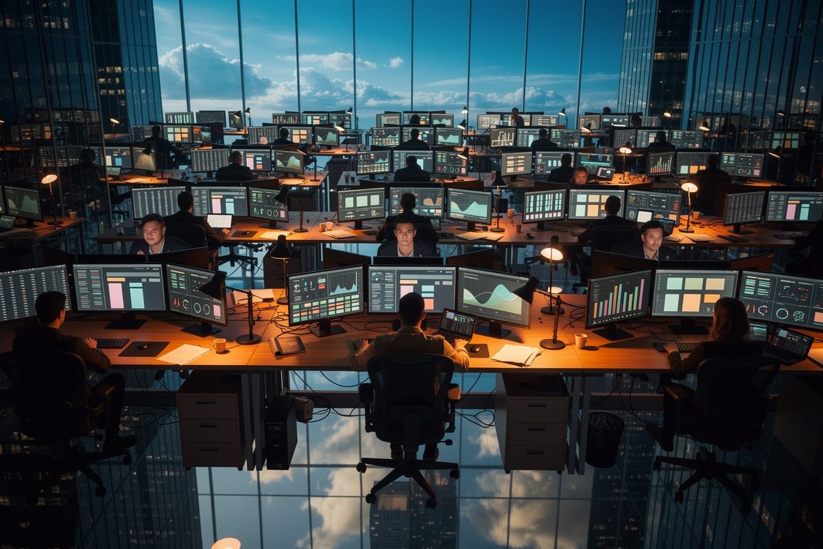 Groot kantoor met rijen medewerkers aan bureaus met meerdere monitoren, floor-to-ceiling ramen met stadsgezicht.