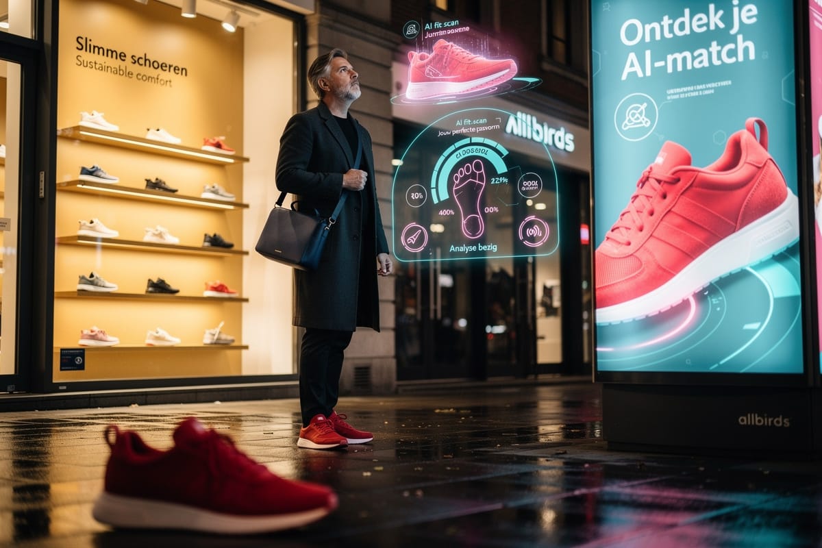 Man in zwarte jas met rode sneakers bekijkt interactieve AI-etalage met voetscan en sneaker-visualisaties bij Allbirds-winkel