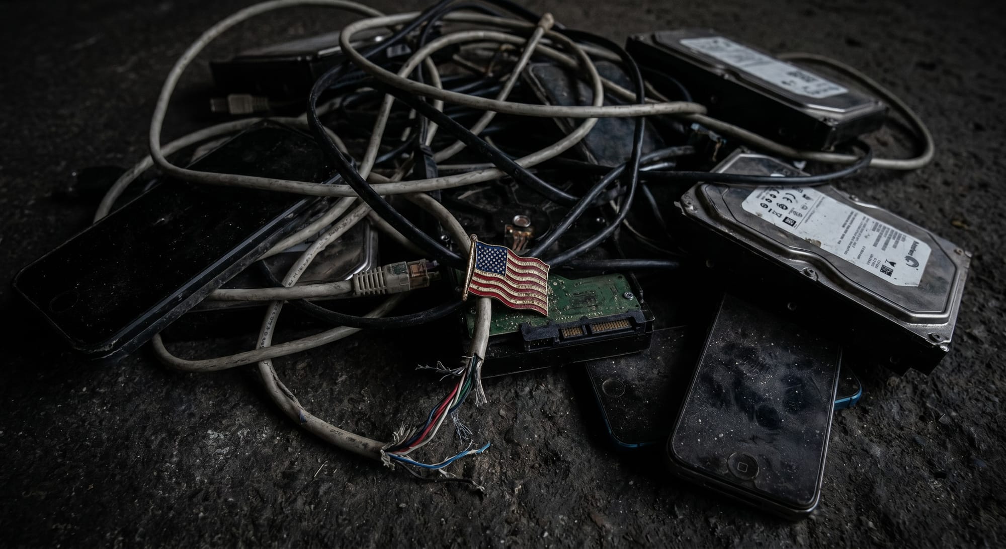 Oude harde schijven, kabels en smartphone liggen op donkere ondergrond, met een Amerikaans vlaggetje erop geplaatst.