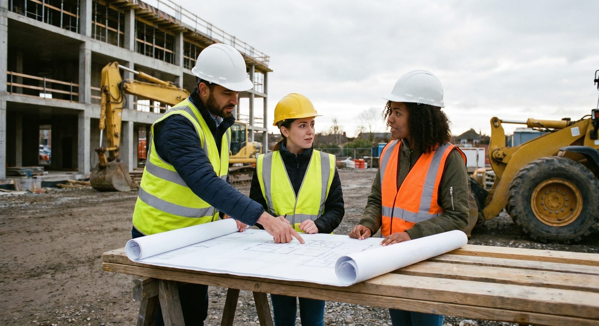 Drie mensen in veiligheidskleding bespreken bouwplannen op een bouwplaats met gele graafmachines en betonnen structuur.