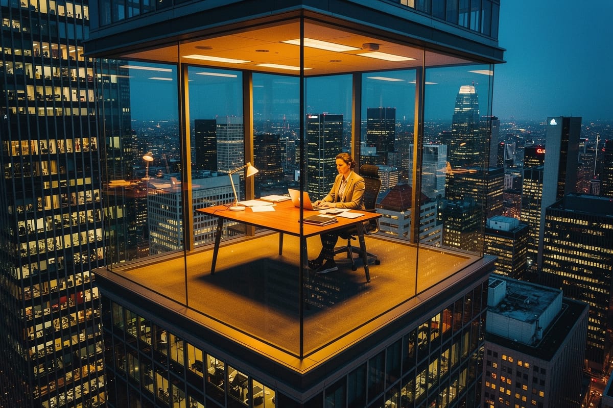 Zakenman werkt 's avonds alleen in glazen kantoor hoog in verlichte wolkenkrabber met stadsgezicht.