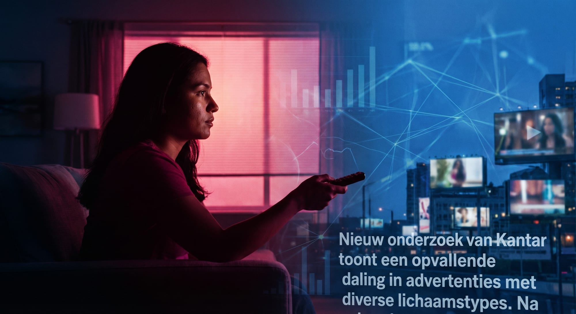 Vrouw op bank kijkt naar televisie met afstandsbediening, roze achtergrondlicht, blauwe datavisualisaties geprojecteerd over beeld