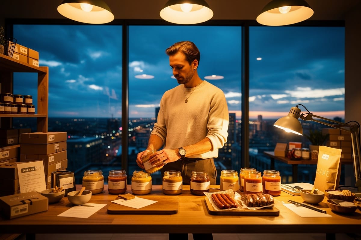Man in beige trui toont honingpot aan tafel met diverse honing-potten, achtergrond met stadsgezicht bij avond