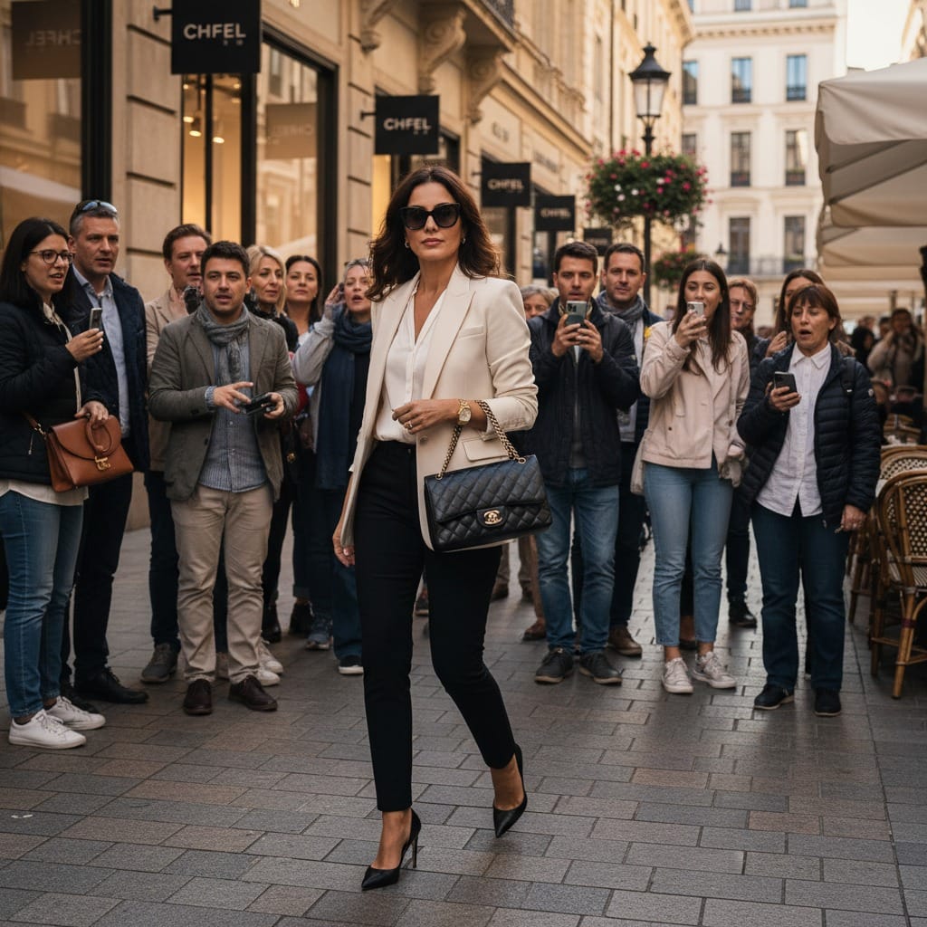 Vrouw in beige blazer met Chanel-tas loopt door straat, omringd door menigte met smartphones.