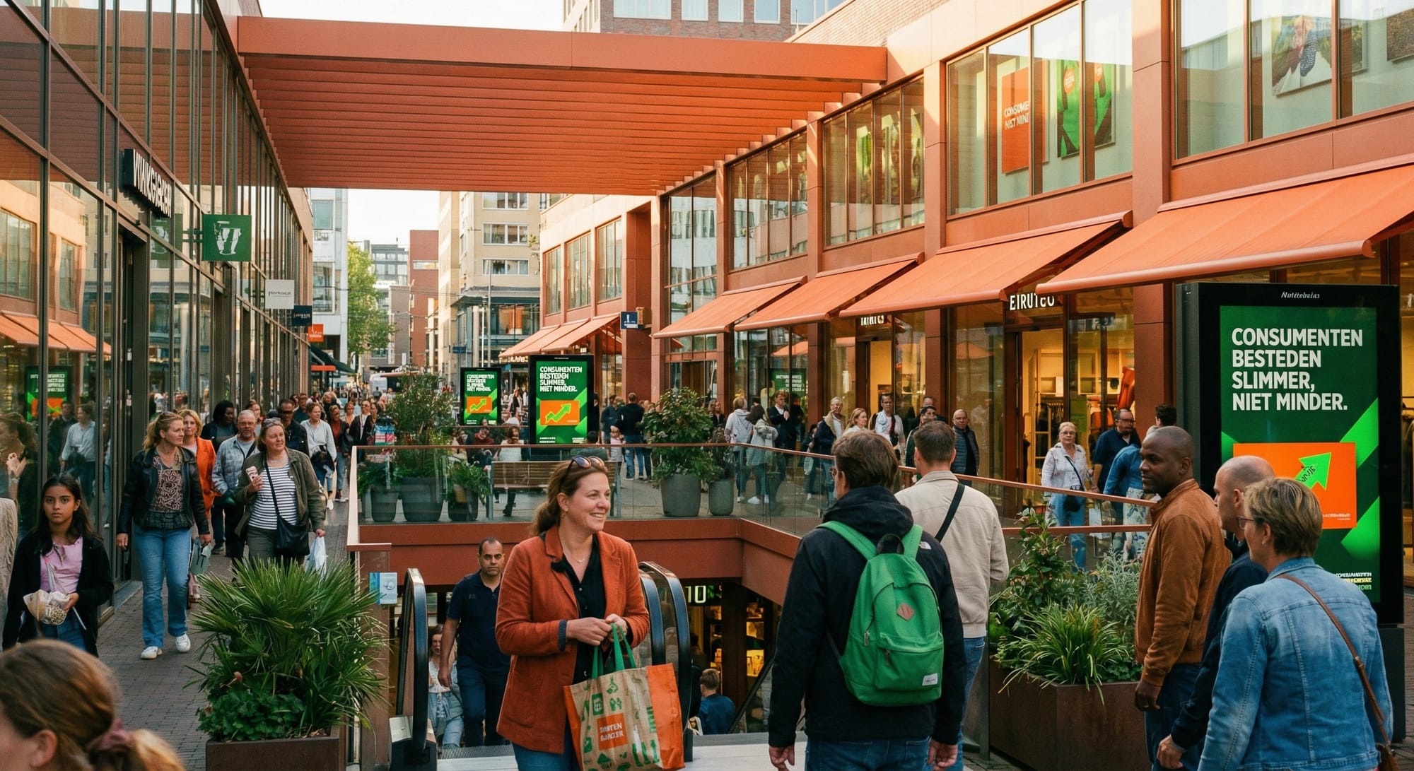 Druk winkelgebied met oranje overkapping, winkelende mensen, groene reclames, moderne winkelpuien en plantenbakken.