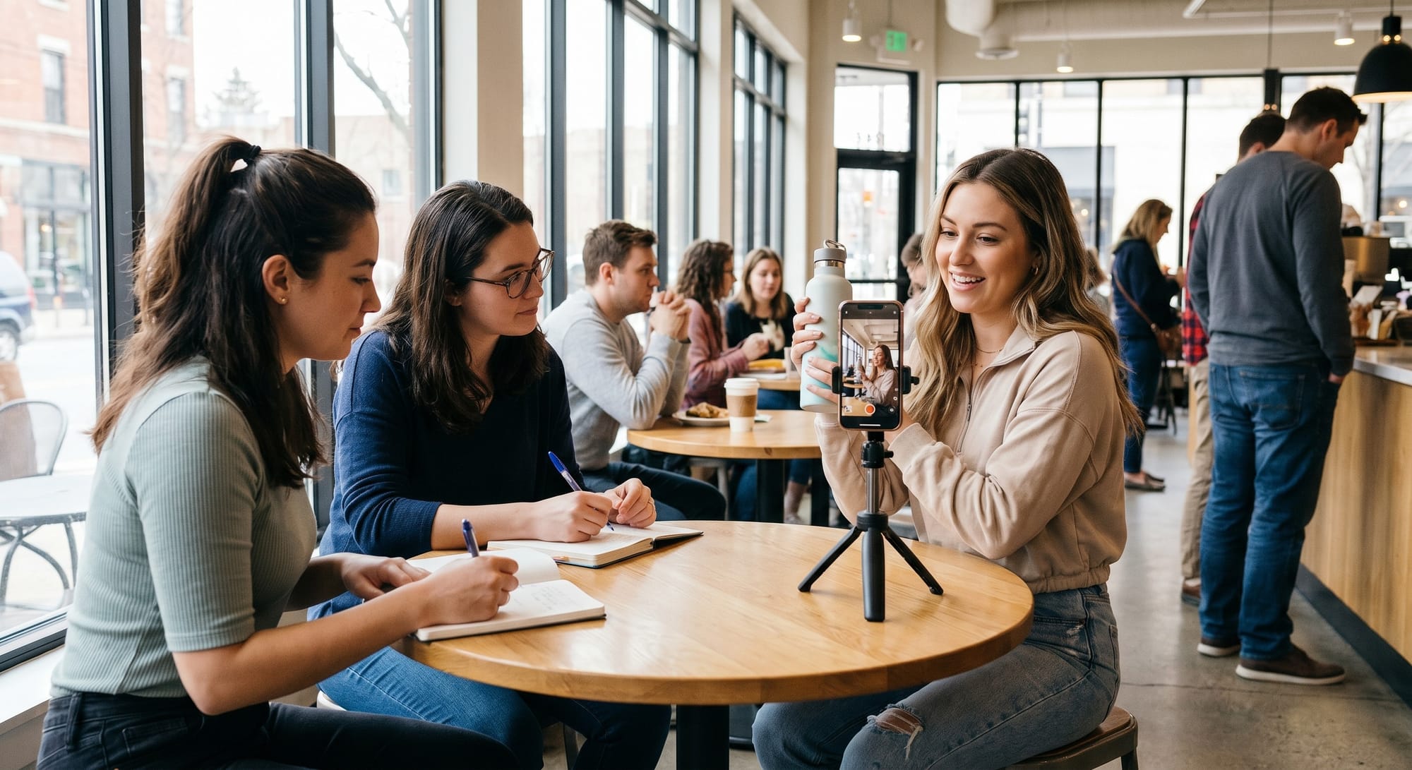 Drie vrouwen in café: twee maken aantekeningen, één filmt zichzelf met smartphone op tripod