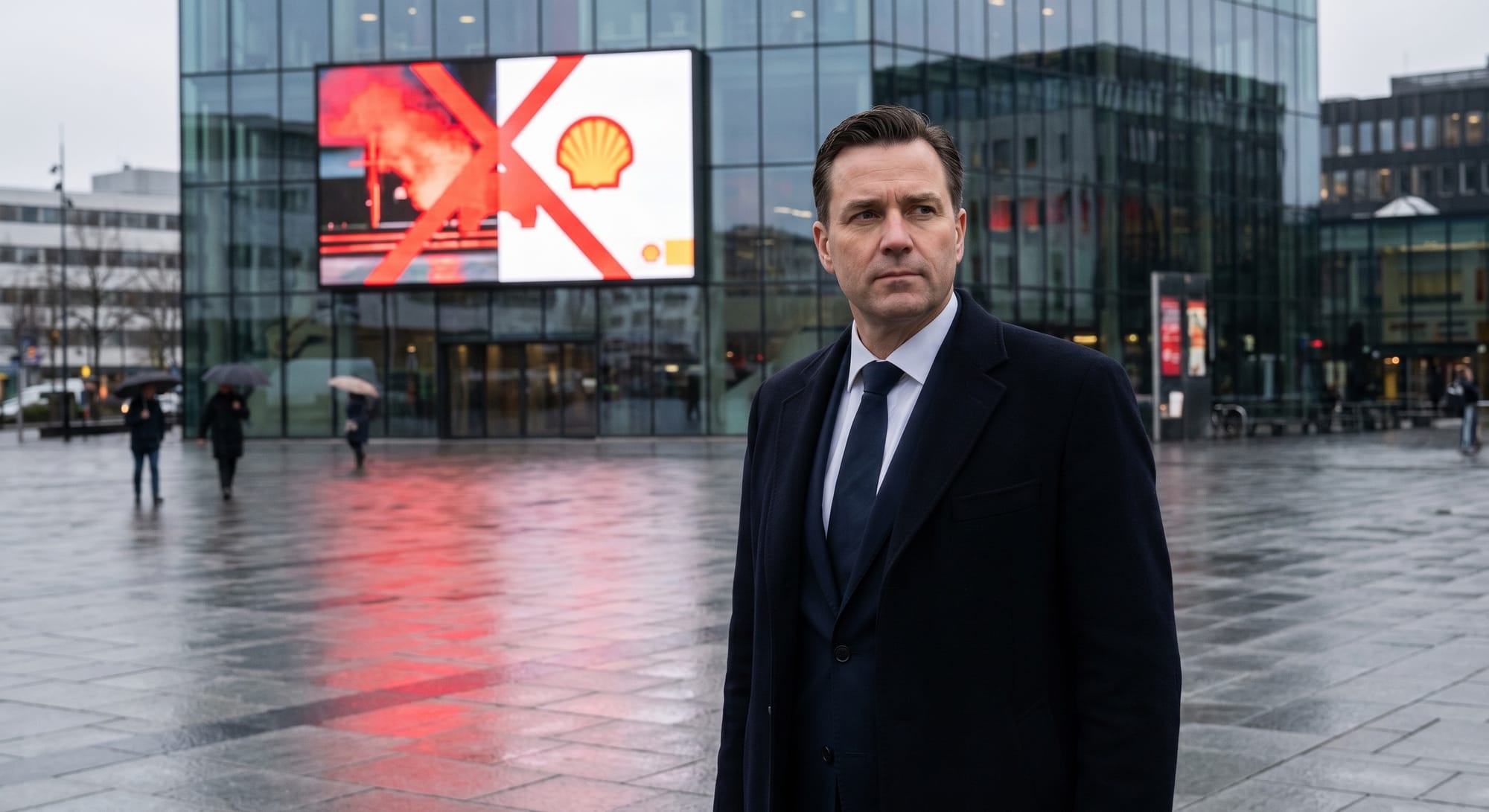 Man in pak staat op regenachtig plein voor glazen gebouw met digitaal scherm met Shell-logo