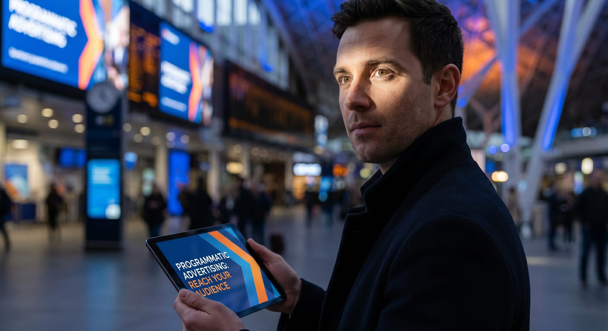 Man in zwarte jas houdt tablet met tekst 'Programmatic Advertising: Reach Your Audience' in moderne stationshal met blauwe beeldschermen