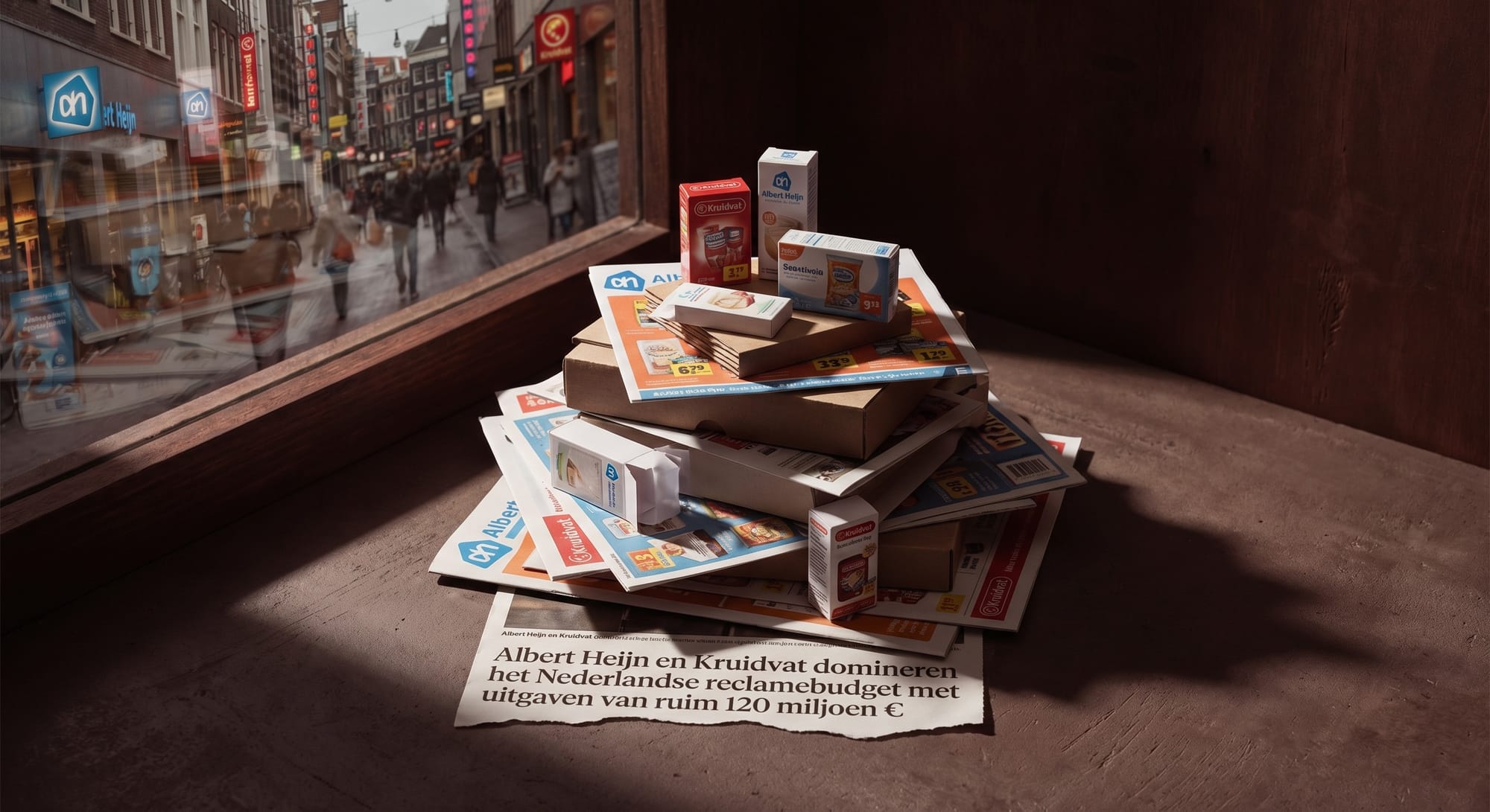 Stapel folders en productdozen van Albert Heijn en Kruidvat in zonlicht bij winkelruit, met krantenartikel eronder.