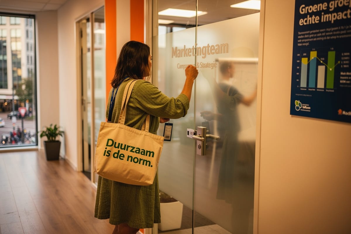 Vrouw met groene jas en tas met tekst 'Duurzaam is de norm' klopt aan bij marketingteam