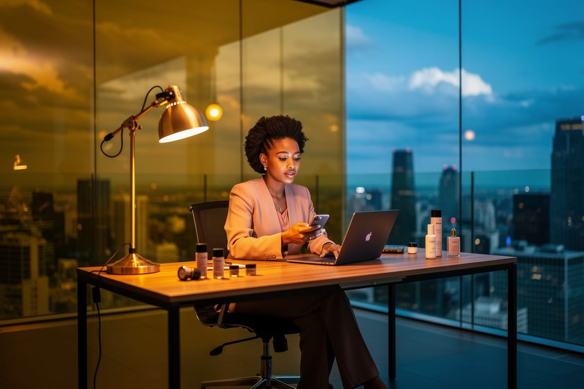 Vrouw in beige blazer werkt 's avonds met telefoon en laptop aan bureau met producten, stadsgezicht achter glas