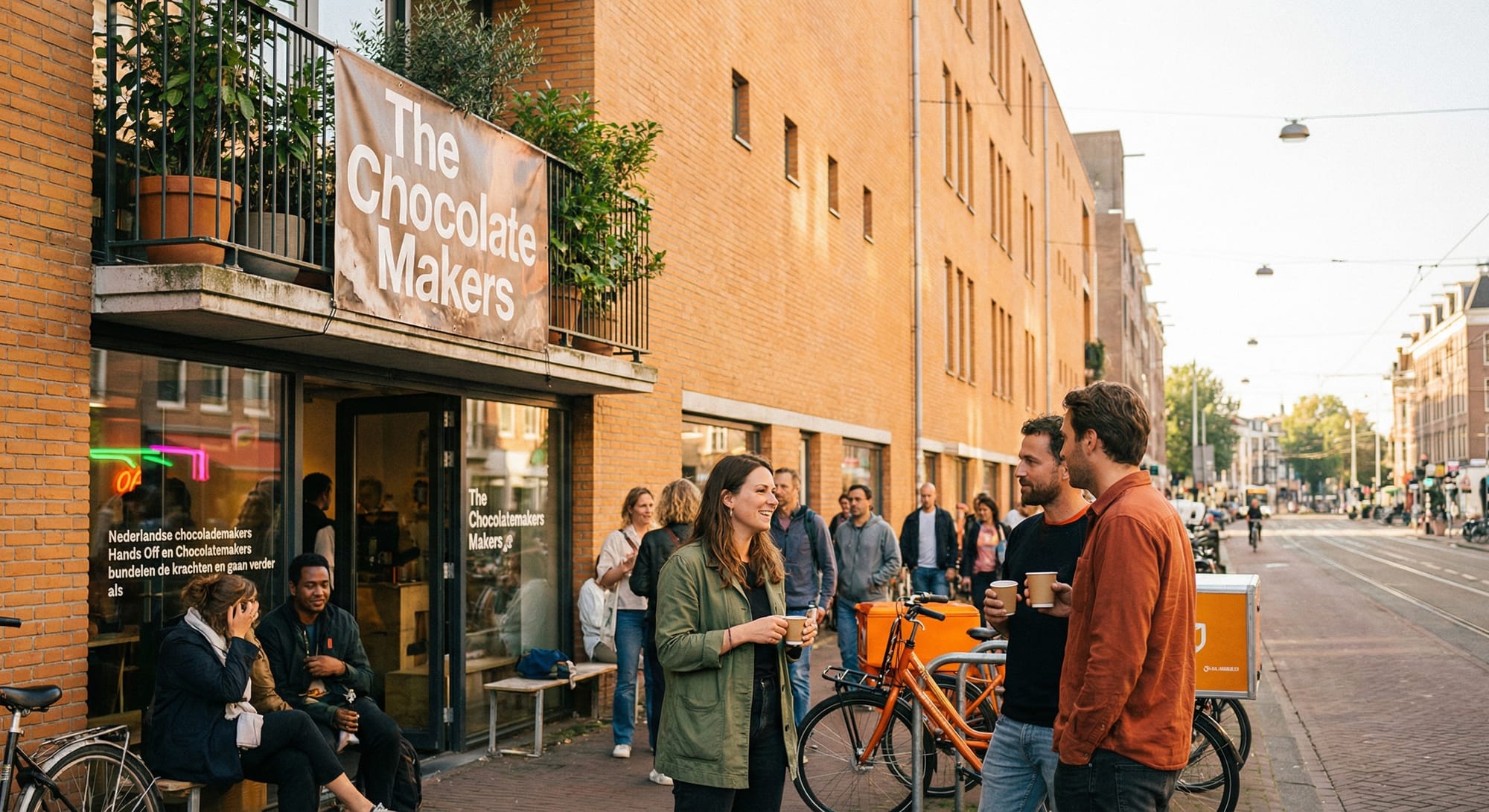 Mensen met koffie voor The Chocolate Makers winkel in Amsterdam, oranje fietsen, bakstenen gebouw, zonnige dag