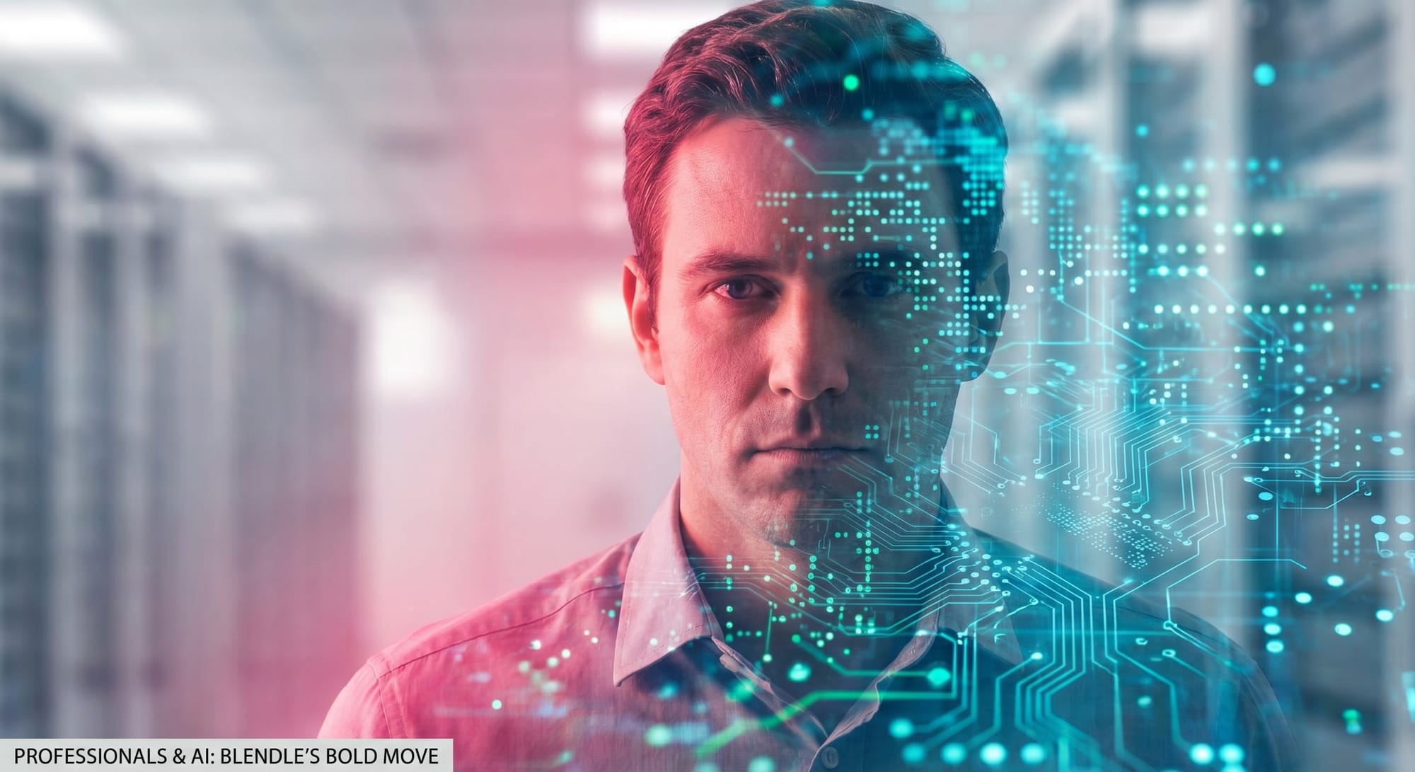 Man met digitale circuit-overlays op gezicht en lichaam, cyaan en roze kleuren, futuristische kantooromgeving