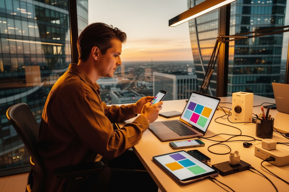 Man in bruine kleding werkt aan bureau met meerdere apparaten, laptop en tablets met kleurrijke schermen bij zonsondergang.